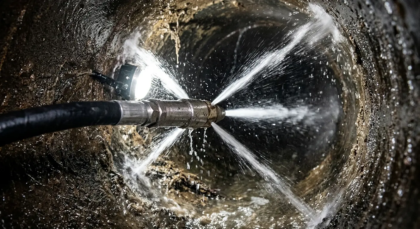 High-pressure hydro jetting nozzle cleaning sewer pipe for Trenchless Sewer Repair in Poteau