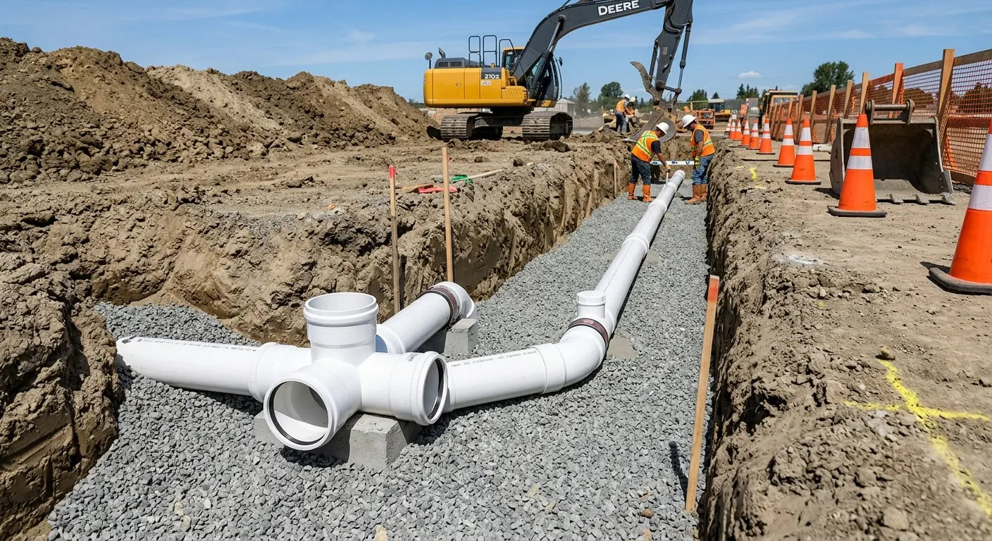 New PVC sewer pipe installation in open trench for Sewer Backup in Poteau