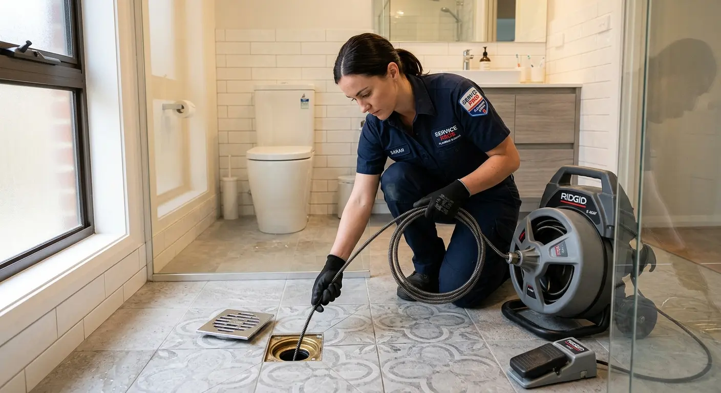 Technician clearing a bathroom floor drain for Hydro Jetting in Poteau